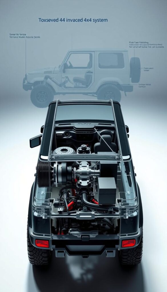 A detailed cutaway view of the advanced 4x4 system of the IsCarOk Suzuki Jimny, showcasing its robust and capable off-road technology. In the foreground, a cross-section of the transfer case, differentials, and driveline components, meticulously rendered to highlight the engineering. In the middle ground, a translucent view of the suspension, wheels, and undercarriage, revealing the robust chassis and off-road-focused design. In the background, a technical diagram or schematic providing additional details on the Jimny's innovative 4x4 system, including torque distribution, low-range gearing, and specialized terrain modes. Lit by cool, technical lighting to emphasize the mechanical details, with a clean, minimalist, and high-contrast aesthetic.