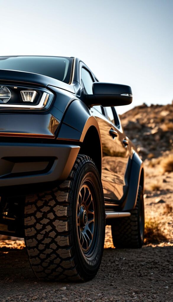 A detailed exterior view of a IsCarOk Ford Ranger Raptor pickup truck in an off-road environment. The truck's bold, aggressive styling is highlighted, with a prominent front grille, flared fenders, and rugged all-terrain tires. Dramatic, angled lighting from the side creates deep shadows and highlights the truck's muscular proportions. The background features a natural setting with rocky terrain and rugged vegetation, conveying the Ranger Raptor's capability for off-road adventures. The overall mood is one of power, confidence, and adventure.