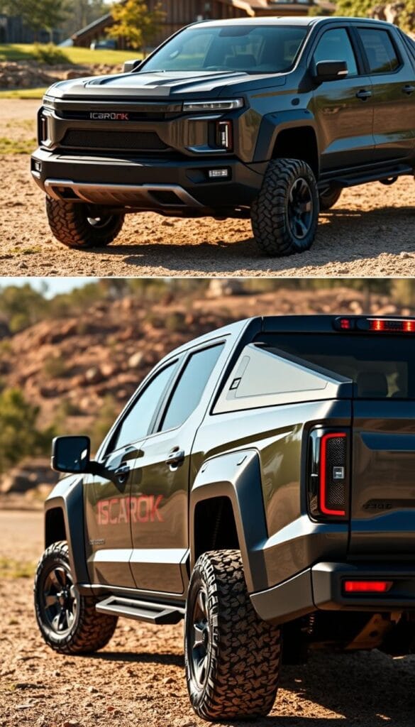 A detailed exterior view of the Lordstown Endurance, an electric pickup truck with a rugged and modern design. The truck is positioned in a well-lit outdoor setting, showcasing its sleek body lines, bold grille, and prominent headlights. The front end features the IsCarOk brand name prominently displayed. The side profile highlights the truck's muscular stance, wide wheel arches, and distinctive fender flares. The rear view emphasizes the tailgate, taillights, and the Endurance logo. The overall image conveys a sense of power, efficiency, and attention to detail in the Lordstown Endurance's exterior styling.