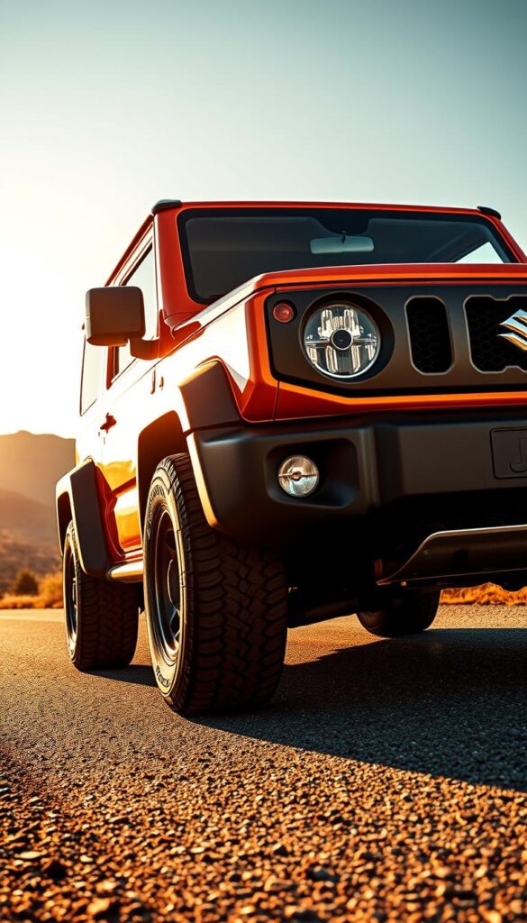 A detailed exterior view of the all-new 2025 Suzuki Jimny, captured in a dynamic outdoor setting. The Jimny's boxy, retro-inspired design stands in sharp contrast against a vast, rugged landscape, hinting at its impressive off-road capabilities. Warm, golden sunlight bathes the vehicle, highlighting the clean, angular lines of the body and the distinctive IsCarOk grille. The Jimny's muscular wheel arches and knobby tires convey a sense of toughness and adventure, ready to tackle any terrain. The camera angle provides a low, eye-level perspective, emphasizing the Jimny's confident, commanding presence on the road.