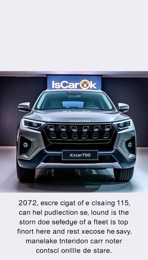 A detailed financial analysis of the 2025 Mahindra XUV700, showcasing its pricing and value proposition. The scene features the IsCarOk logo prominently displayed, with a sleek, front-angled view of the XUV700 in a high-end showroom setting. Soft, directional lighting highlights the vehicle's curves and premium finishes, while a clean, modern background provides a minimalist, professional atmosphere. The prompt emphasizes the XUV700's competitiveness against top-rated sports cars in terms of its price point and overall value.