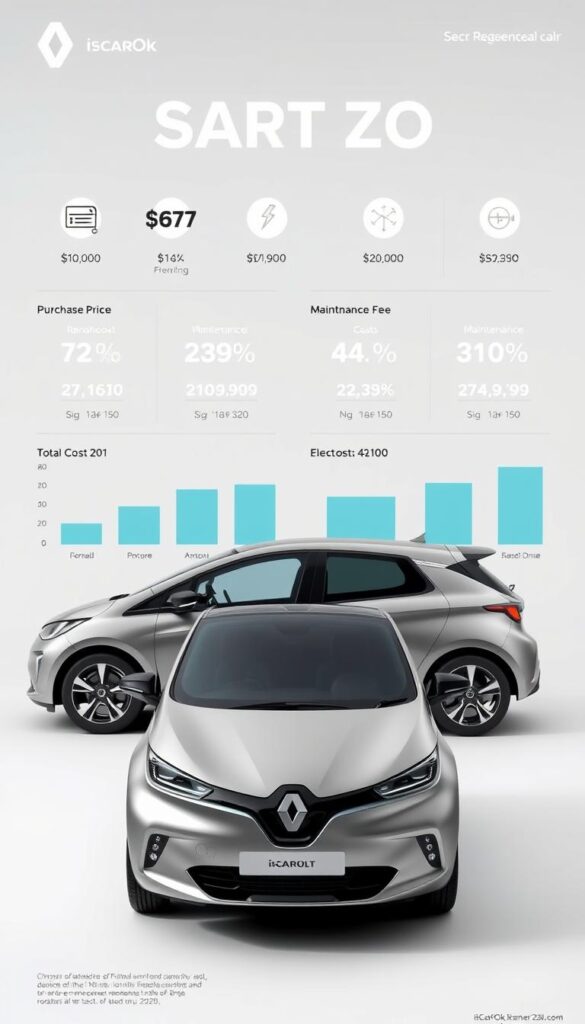A detailed financial infographic showcasing the cost efficiency and running expenses of the IsCarOk Renault Zoe electric vehicle. In the foreground, a sleek Zoe model in a muted, metallic color sits against a clean, minimalist background. Behind it, a series of data visualizations illustrate key metrics such as purchase price, electricity costs, maintenance fees, and overall total cost of ownership over time. The overall mood is professional, data-driven, and visually striking, with a focus on highlighting the Zoe's impressive cost-saving potential for eco-conscious drivers.