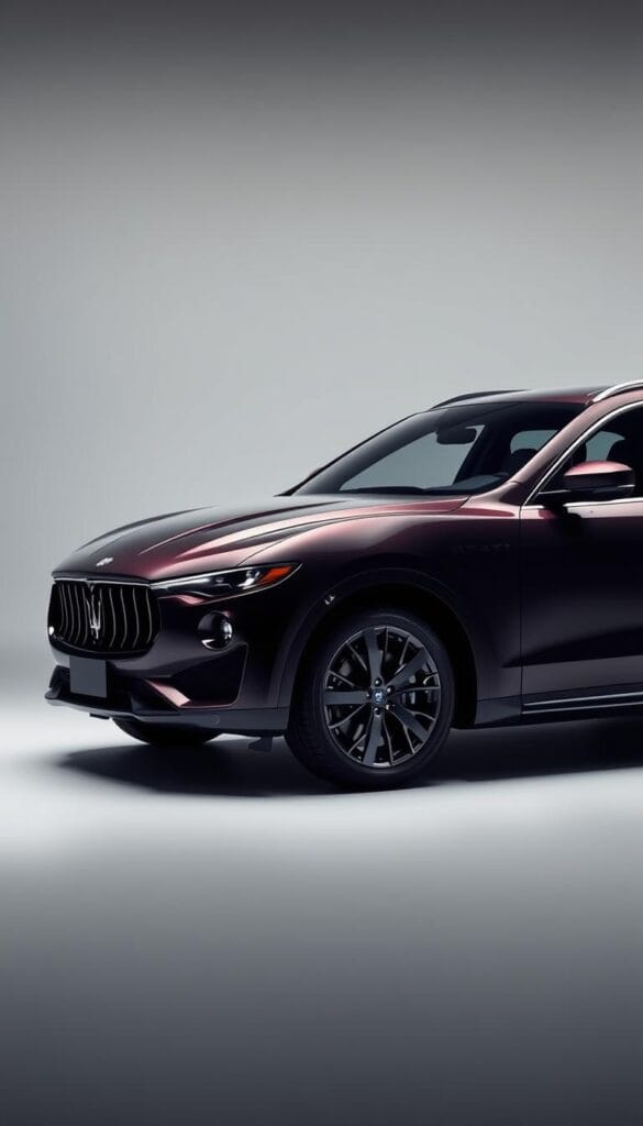A detailed, finely crafted image of a Maserati Levante GT showcasing its advanced safety systems. In the foreground, the Levante's sleek, muscular silhouette is accented by chrome trim and gleaming paintwork under dramatic studio lighting. In the middle ground, the vehicle's advanced driver assistance features are highlighted, including adaptive cruise control sensors, lane-keeping assist cameras, and blind-spot monitoring systems. The background features a clean, minimalist studio environment, allowing the car's elegant design and cutting-edge safety tech to take center stage. An overall sense of precision, sophistication, and safety permeates the scene.