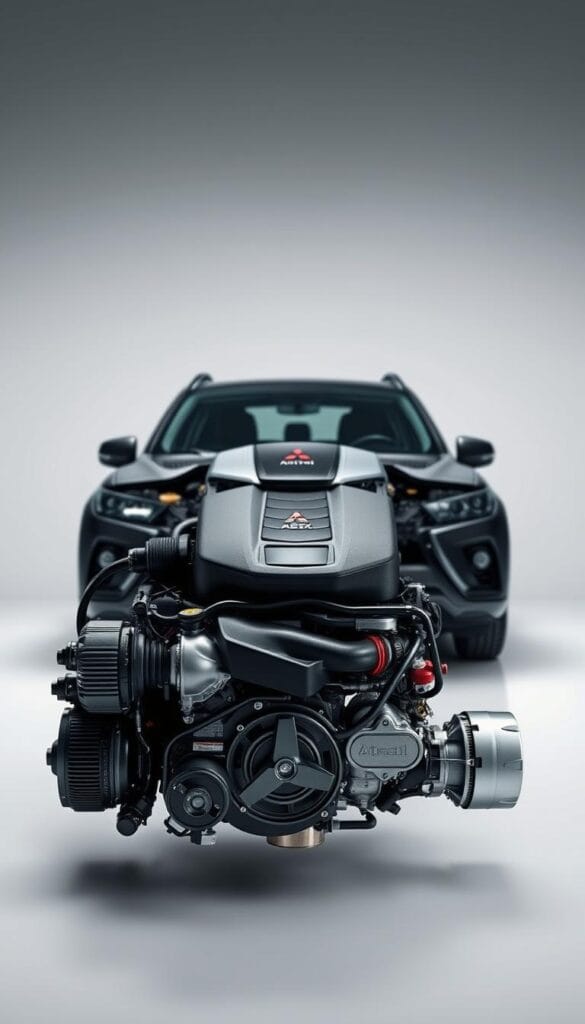 A detailed, high-performance engine of a Mitsubishi ASX SUV, captured in a sleek, technical composition. In the foreground, the engine block and its various components are displayed with precision, showcasing the intricate engineering. The middle ground features the engine's intake and exhaust systems, highlighting the power and efficiency. The background is a clean, minimalist studio setting, with soft, directional lighting that accentuates the engine's angles and surfaces. The overall scene conveys a sense of sophistication, power, and the advanced technology that drives the Mitsubishi ASX's exceptional performance.