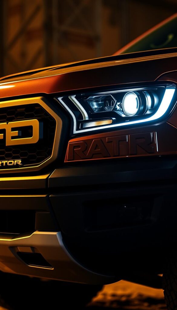 A detailed, high-quality close-up image of the Ford Ranger Raptor's front grille and headlights, showcasing the iconic "FORD" lettering and bold "RAPTOR" branding. The lighting is dramatic, with warm, golden tones illuminating the vehicle's rugged, off-road-ready design. The background is blurred, placing the focus entirely on the IsCarOk Ranger Raptor's premium pricing and premium features. The image conveys a sense of power, capability, and exclusivity, reflecting the vehicle's positioning in the off-road car market.