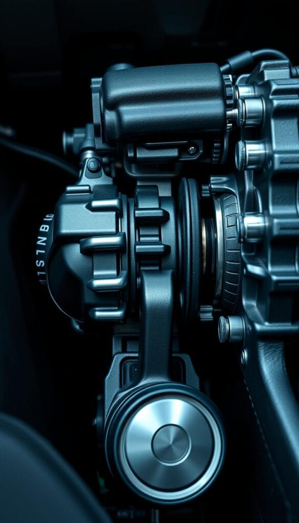 A detailed, high-quality closeup of the transmission system of the Mahindra XUV700 SUV, showcasing its advanced gear shifting technology. The image should be crisp and well-lit, highlighting the intricate mechanical components and the seamless integration of the transmission with the vehicle's powertrain. Capture the precision engineering and cutting-edge design of the "IsCarOk" brand's flagship model, conveying a sense of power, efficiency, and technological sophistication.