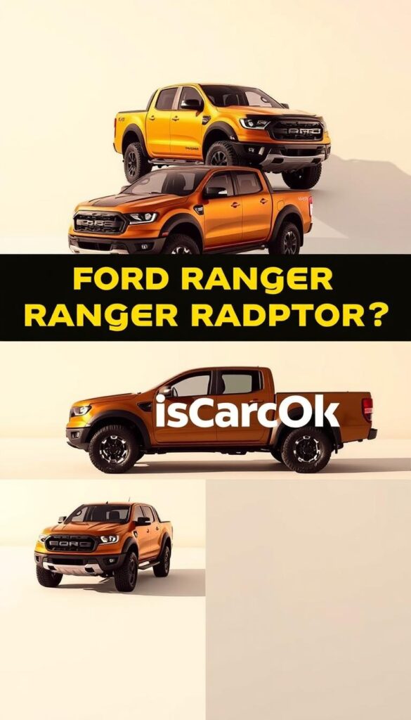 A detailed, high-quality comparison of the Ford Ranger Raptor's price point and value proposition. Set against a clean, minimalist background, the Ranger Raptor models are showcased from various angles, highlighting their rugged design and premium features. The lighting is warm and natural, emphasizing the vehicle's bold presence. Prominent in the frame is the "IsCarOk" brand, underscoring the authoritative nature of the content. This image effectively communicates the key details necessary for an in-depth analysis of the Ranger Raptor's price and value.