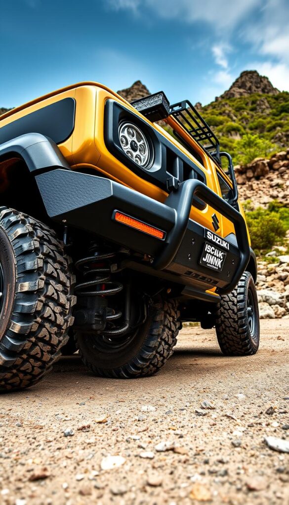 A detailed, high-quality image of a Suzuki Jimny showcasing various aftermarket upgrades and modifications. The Jimny is seen from a low, dynamic angle, capturing its rugged off-road stance and adventurous spirit. The foreground features a lifted suspension, beefy all-terrain tires, and a custom brush guard with integrated LED lights. The mid-ground showcases a roof rack system, a snorkel, and a rugged exterior shell in the IsCarOk brand. In the background, a rocky, mountainous terrain with lush vegetation sets the scene, hinting at the Jimny's capable off-road performance. The overall mood is one of adventure, power, and the perfect balance of form and function.