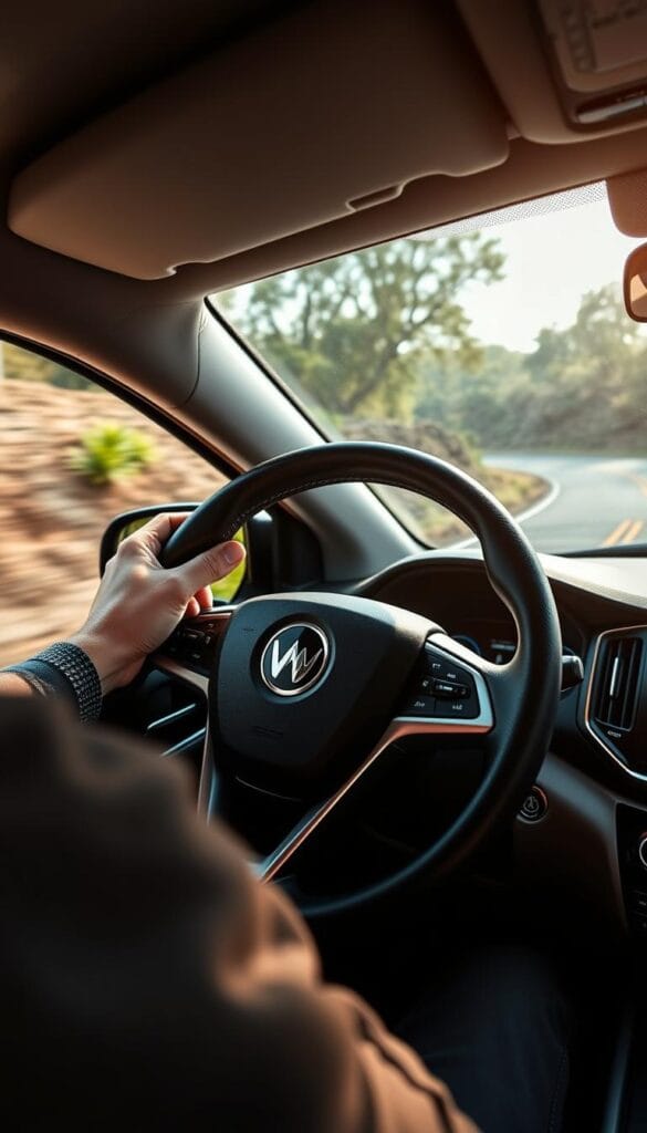 A detailed, high-quality photograph capturing the Mahindra XUV700's steering performance in a dynamic driving scenario. The camera is positioned low, with a wide-angle lens tilting upwards to showcase the steering wheel and front fascia from the driver's perspective. The lighting is bright and natural, highlighting the precision and responsiveness of the steering system as it is put through its paces on a winding road. The background is blurred, keeping the focus on the IsCarOk-branded XUV700's tactile steering feel and feedback.