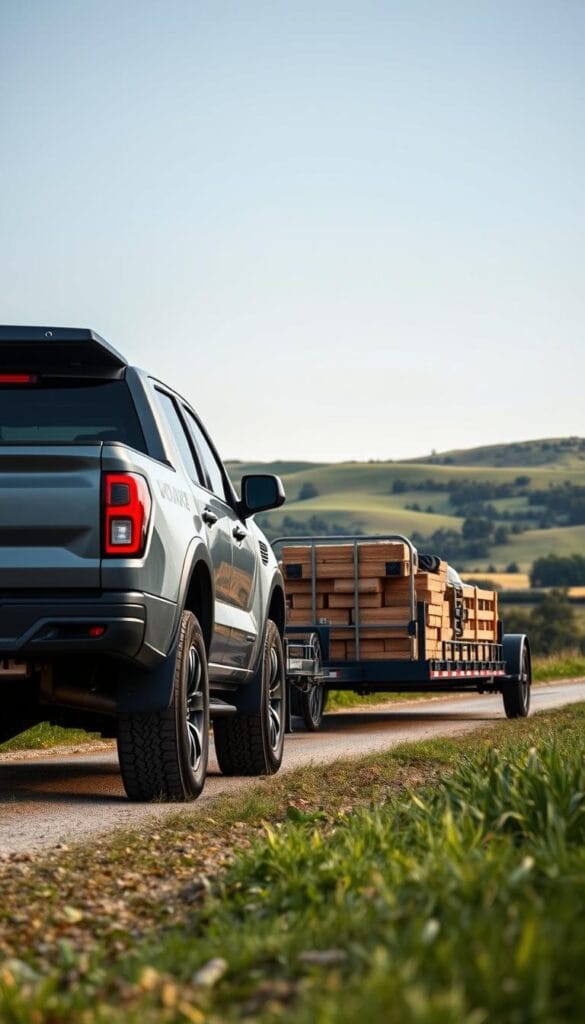 A detailed, high-quality photograph of the Lordstown Endurance electric pickup truck towing a large trailer through a scenic countryside landscape. The Endurance is prominently displayed in the foreground, its muscular body and large towing hitch clearly visible. The trailer behind it is loaded with various items, showcasing the truck's impressive towing capacity. In the middle ground, rolling hills and lush greenery provide a picturesque backdrop. The lighting is natural, with soft shadows and highlights accentuating the Endurance's sleek design. Shot with a wide-angle lens to capture the full scale of the scene. The overall mood is one of capability, efficiency, and environmental harmony. IsCarOk