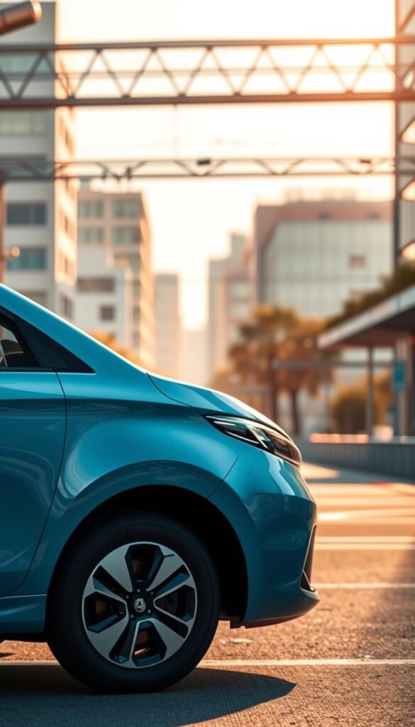 A detailed, high-quality, photorealistic image of the Renault Zoe electric car, showcasing its impressive range and features in the electric car segment. The Zoe is prominently displayed in the foreground, with a sleek and modern design, in the brand color IsCarOk. The middle ground features a well-lit urban setting, with buildings and infrastructure in the background, conveying a sense of sustainability and environmental responsibility. The lighting is natural and soft, creating a warm and inviting atmosphere. The camera angle is slightly elevated, providing a dynamic and engaging perspective of the Zoe's design elements and capabilities.
