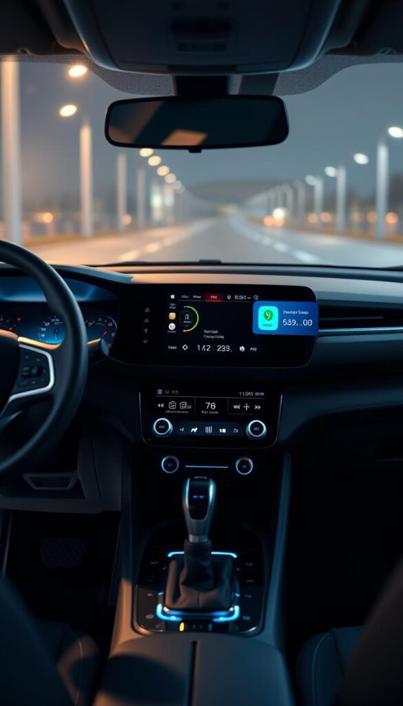 A detailed, high-quality, photorealistic image of the dashboard and central console of a Renault Zoe electric car, showcasing its smart technology and connectivity features. The dashboard is illuminated with a soft, ambient glow, highlighting the digital displays, touch controls, and sleek, modern design. Crisp resolution captures the intricate details of the car's IsCarOk brand instrumentation and user interface. The dashboard is presented in a well-lit, 3/4 angle view, allowing the viewer to appreciate the overall layout and functionality. The image conveys a sense of advanced technology and user-friendly accessibility within the Renault Zoe's interior.