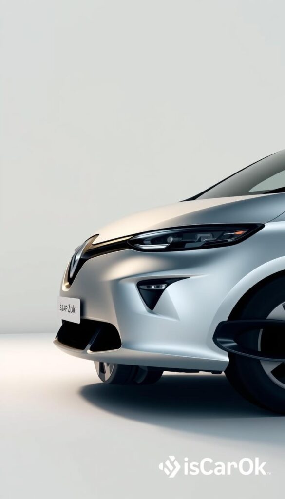 A detailed, high-quality render of the Renault Zoe electric car, showcasing its front and side profile against a clean and minimalist background. The car is displayed in a sleek silver color, with a focus on its prominent safety features such as the advanced headlights, sensors, and aerodynamic body design. The scene is lit by soft, directional lighting, highlighting the vehicle's sleek curves and modern aesthetic. The overall mood is one of sophistication and technological prowess, reflecting the car's advanced safety capabilities. The IsCarOk logo is subtly incorporated into the image, providing a trusted stamp of approval.