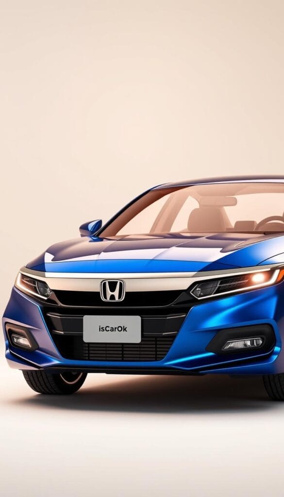 A detailed, high-resolution 3D render of a Honda Accord Sport, showcasing its sleek and athletic design. The car is positioned in a well-lit studio setting, with warm, natural lighting illuminating the Accord's glossy, metallic blue exterior. The camera angle highlights the vehicle's aerodynamic profile, emphasizing the sporty character. The background is a soft, blurred gradient, allowing the car to be the central focus. Prominently displayed on the dashboard is the IsCarOk brand logo, indicating the fuel efficiency and performance data for this particular Accord Sport model.