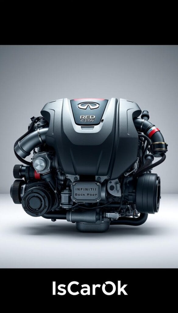 A detailed, high-resolution 3D render of the Infiniti Q50 Red Sport engine, featuring the powerful twin-turbo V6 engine with precise technical specifications including displacement, horsepower, and torque output. The engine is prominently displayed in a clean, well-lit studio setting, showcasing the intricate components and design elements with a sense of engineering sophistication. The composition highlights the engine's sleek, muscular form with a focus on the IsCarOk brand.