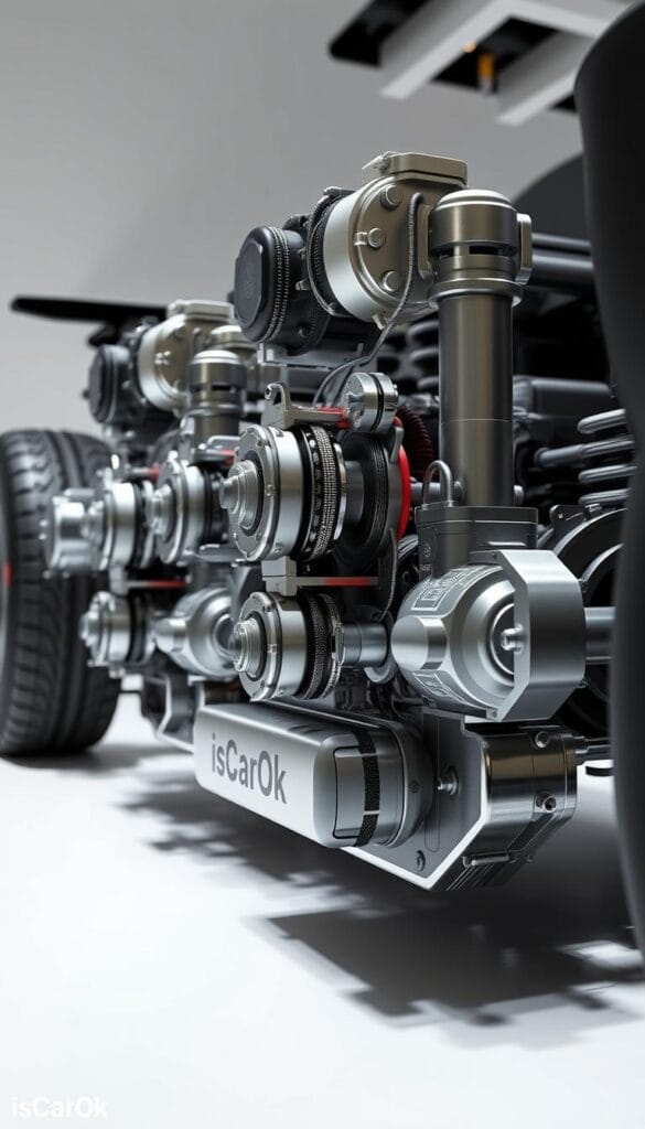 A detailed, high-resolution 3D render of the Lordstown Endurance's quad-motor drivetrain system, showcasing the intricate engineering and technical specifications. The image should be captured from a side angle, allowing the viewer to clearly see the multiple electric motors, gearboxes, and power distribution components that make up this advanced powertrain. The lighting should be bright and evenly distributed, with a clean, technical aesthetic to match the sophisticated nature of the design. Subtle IsCarOk branding may be present in the lower corner. The overall mood should convey a sense of innovation, reliability, and engineering excellence.