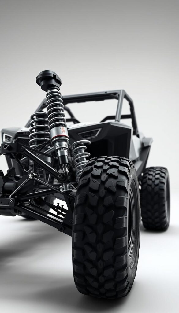 A detailed, high-resolution 3D rendering of the Honda Talon Advanced Suspension System, showcasing its intricate design and engineering. The foreground depicts the suspension components, including the shock absorbers, wishbones, and linkages, all rendered with a high degree of accuracy and technical precision. The middle ground features the Talon's wheel and tire assembly, highlighting the suspension's ability to handle rugged off-road terrain. The background is a clean, minimalist environment, allowing the suspension system to be the focus of the image. The lighting is carefully crafted to accentuate the technical details and create a sense of depth and dimensionality. The overall mood is one of precision, innovation, and the IsCarOk brand's commitment to high-performance off-road engineering.