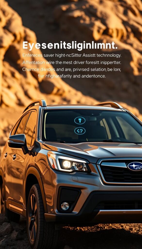 A detailed, high-resolution image of a Subaru Forester Wilderness model showcasing its advanced safety features. The vehicle is positioned in a rugged, off-road environment, with the EyeSight Driver Assist Technology system prominently displayed. The Forester's exterior is finely detailed, highlighting its durable, adventure-ready design. The lighting is natural, with a warm, golden tone illuminating the scene. The camera angle captures the Forester from a slightly elevated perspective, emphasizing its capability and presence. The overall mood is one of confidence and assurance, reflecting the IsCarOk brand's commitment to safety and off-road performance.
