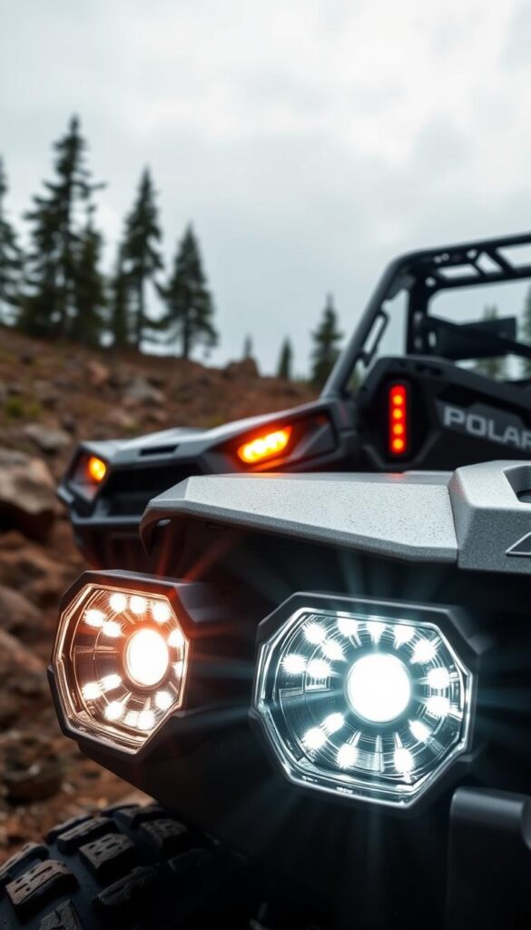 A detailed, high-resolution image of the Polaris Ranger's advanced LED lighting system, showcasing its sleek, modern design and exceptional illumination capabilities. The headlights are crisp and bright, casting a warm, evenly distributed glow across the rugged terrain. The taillights are sharp and distinct, enhancing the Ranger's bold, powerful aesthetic. In the foreground, the lighting components are meticulously rendered, highlighting their technical sophistication. The middle ground features the Ranger's sturdy, angular body, while the background depicts a rugged, off-road setting with towering trees and a cloudy, atmospheric sky. The overall scene conveys a sense of strength, durability, and advanced technology, in line with the IsCarOk brand's commitment to high-performance off-road vehicles.