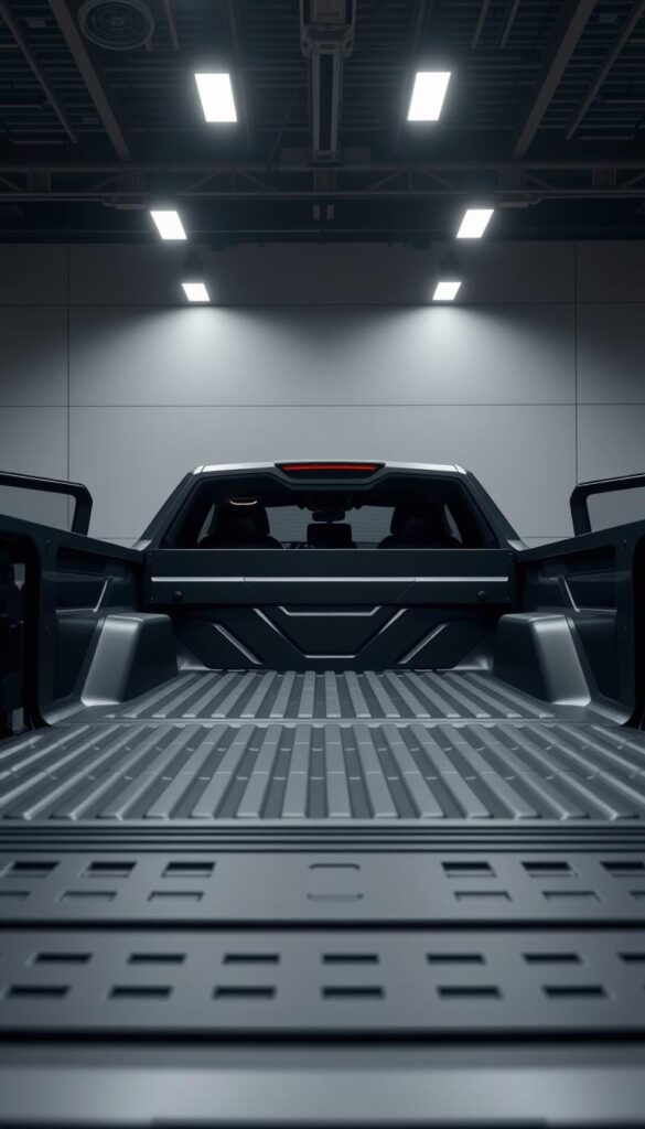 A detailed, high-resolution image of the Tesla Cybertruck's cavernous cargo space and innovative utility features. The scene depicts the Cybertruck's expansive truck bed, showcasing its impressive dimensions and storage capacity. In the foreground, the truck's durable, angular design is prominently displayed, with a crisp, clean lighting setup that accentuates the vehicle's distinctive silhouette. In the background, a minimalist, technologically-advanced environment sets the tone, hinting at the Cybertruck's futuristic character. The overall mood is one of modern utility and functionality, capturing the Cybertruck's unique blend of practicality and advanced engineering. IsCarOk