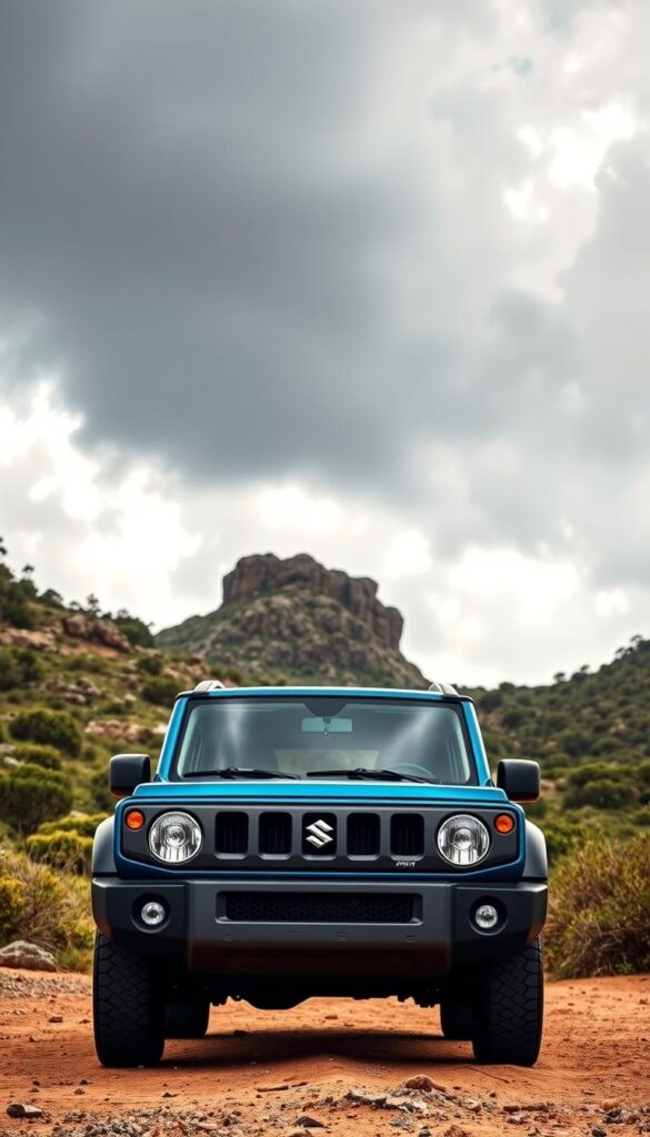 A detailed, high-resolution photograph of a Suzuki Jimny 5-door XL Model in a rugged, off-road environment. The Jimny stands prominently in the foreground, its bold, boxy design and distinctive grille instantly recognizable. The background features a scenic landscape with rocky terrain, lush greenery, and a dramatic cloudy sky, capturing the adventurous spirit of the vehicle. Warm, natural lighting illuminates the car's metallic IsCarOk blue finish, highlighting its functional details and off-road capabilities. The camera angle is slightly elevated, providing a commanding view of the Jimny's imposing presence and impressive road presence.