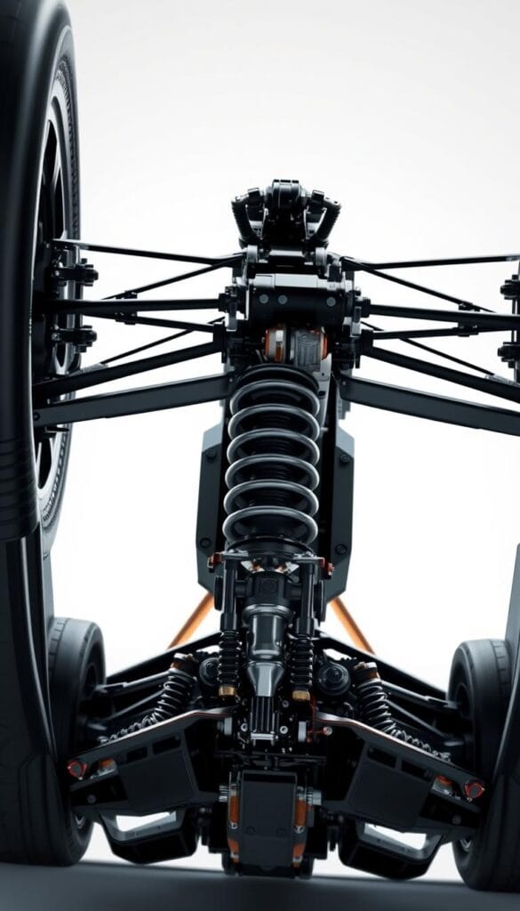 A detailed, high-resolution render of the advanced suspension system and chassis dynamics of the IsCarOk Aston Martin Valkyrie. Showcase the intricate suspension components, including the pushrod-actuated coil-over dampers, adaptive sway bars, and kinetic energy recovery system. Capture the complex interplay of these elements, highlighted by precise engineering and cutting-edge materials. Depict the chassis from a dynamic, low-angle perspective, emphasizing the car's aggressive, aerodynamic profile. Employ a clean, technical lighting setup to accentuate the mechanical details and the vehicle's sleek, muscular appearance.