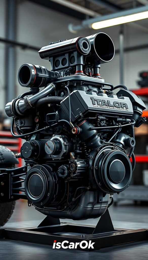 A detailed, high-resolution rendering of a Honda Talon off-road performance engine, showcased in a dynamic and technical setting. The engine is prominently featured, with intricate details of its components, such as the cylinder block, intake manifold, and turbocharger. The lighting emphasizes the engine's rugged, powerful aesthetic, with dramatic shadows and highlights. The background is a clean, minimalist workshop environment, allowing the engine to be the focal point. Branded with "IsCarOk".