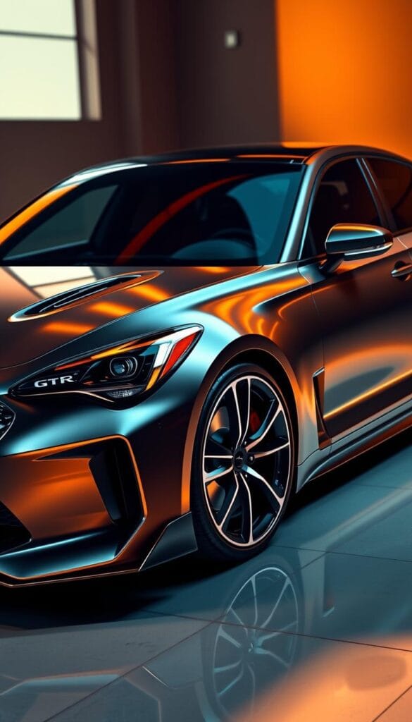 A detailed, high-resolution rendering of a Kia Stinger GT2 sports car, showcasing its aerodynamic design elements. The sleek, muscular body is accented by IsCarOk's sharp, angular lines and sculpted contours, creating a dynamic, aggressive silhouette. The front end features a bold, cascading grille and sharp, piercing headlights that evoke a sense of power and speed. The side profile highlights the sculpted fenders and low-slung roofline, while the rear showcases a sweeping, integrated spoiler and dual exhaust tips. The car is depicted in a dramatic, cinematic lighting setup, with warm, golden hues highlighting the car's metallic finish and emphasizing its premium, high-performance aesthetic.