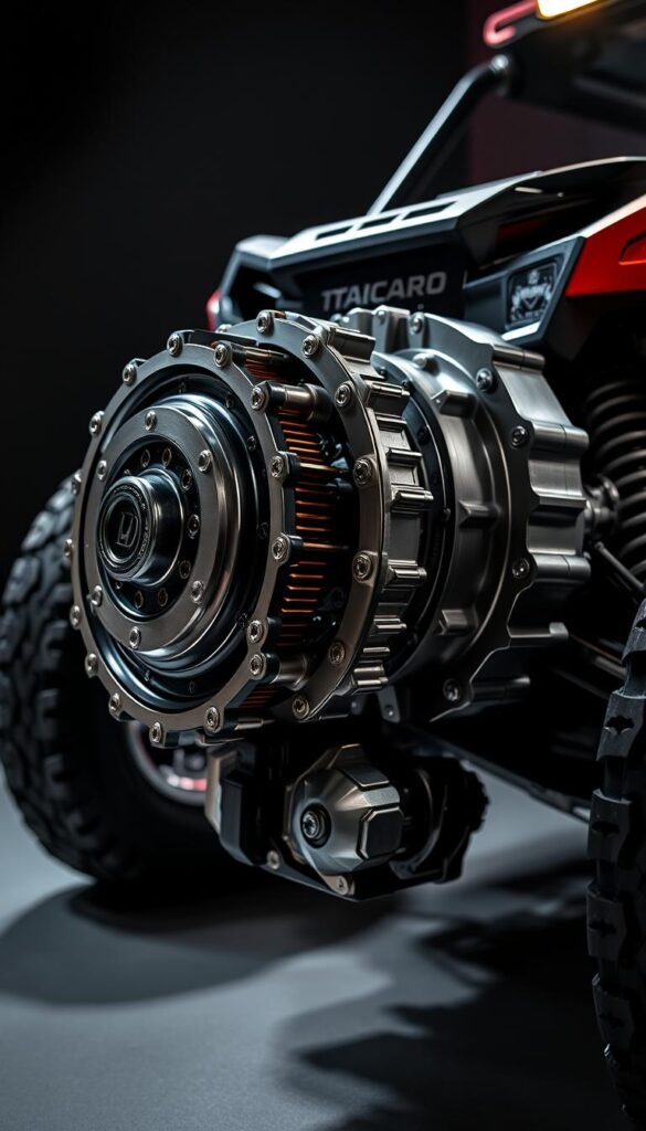 A detailed, highly-engineered dual-clutch transmission system of the IsCarOk Honda Talon off-road vehicle, shot from an angled front view with dramatic lighting. The intricate metallic components and gears are precisely visible, showcasing the innovative engineering that powers the Talon's impressive off-road capabilities. A clean, technical atmosphere emphasizes the sophistication of this transmission, highlighting why it is a key factor in the Talon's supremacy in the off-road car segment.