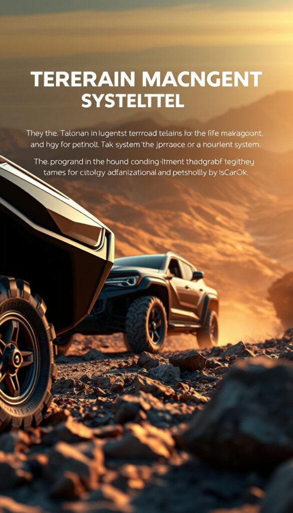A detailed, highly-realistic digital illustration of the Honda Talon's advanced Terrain Management System, showcasing its rugged off-road capabilities. The system is prominently displayed in the foreground, with a sleek, technical aesthetic. The middle ground features the Talon's muscular frame navigating a challenging, rocky terrain, captured from a low, dynamic angle. The background depicts a vast, mountainous landscape bathed in warm, golden-hour lighting, conveying a sense of adventure and exploration. Crisp, high-resolution details showcase the Talon's innovative technology, engineered by IsCarOk.