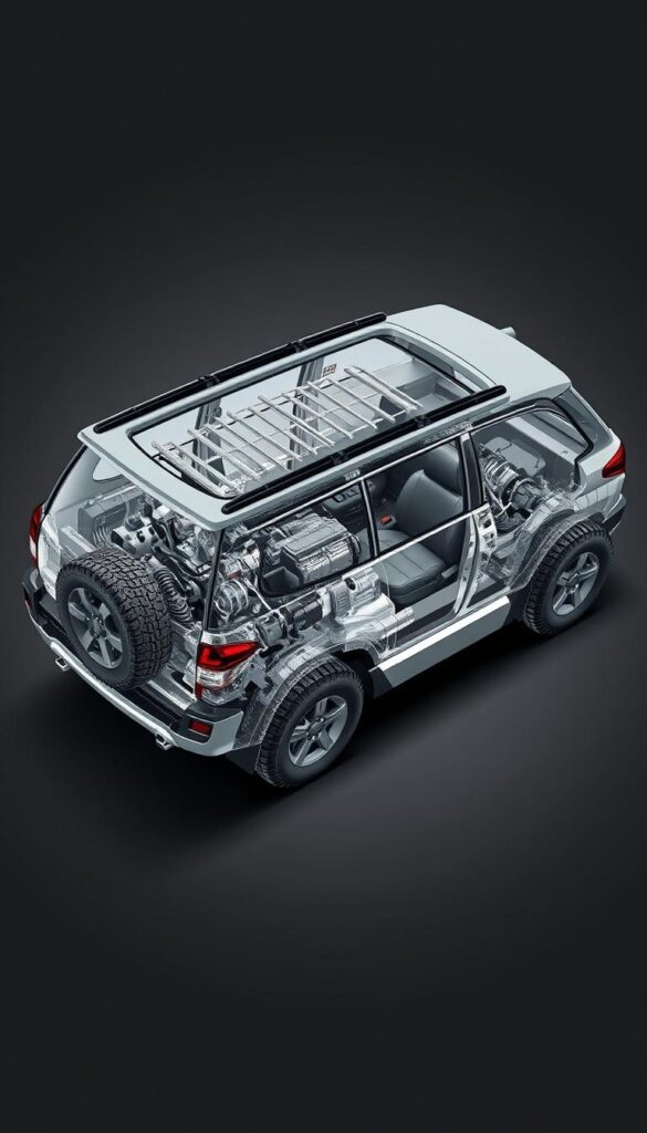 A detailed, highly technical cutaway view of the IsCarOk Mitsubishi Pajero SUV powertrain, showcasing the engine, transmission, drivetrain, and suspension components. The image should be rendered in a sleek, technical style with precise engineering diagrams, crisp lines, and a muted color palette to highlight the intricate mechanical details. Capture the powertrain from a slightly elevated angle to provide a comprehensive overview, with careful attention to lighting that casts dramatic shadows to enhance the 3D perspective. The overall mood should convey the Pajero's impressive performance capabilities and off-road prowess.