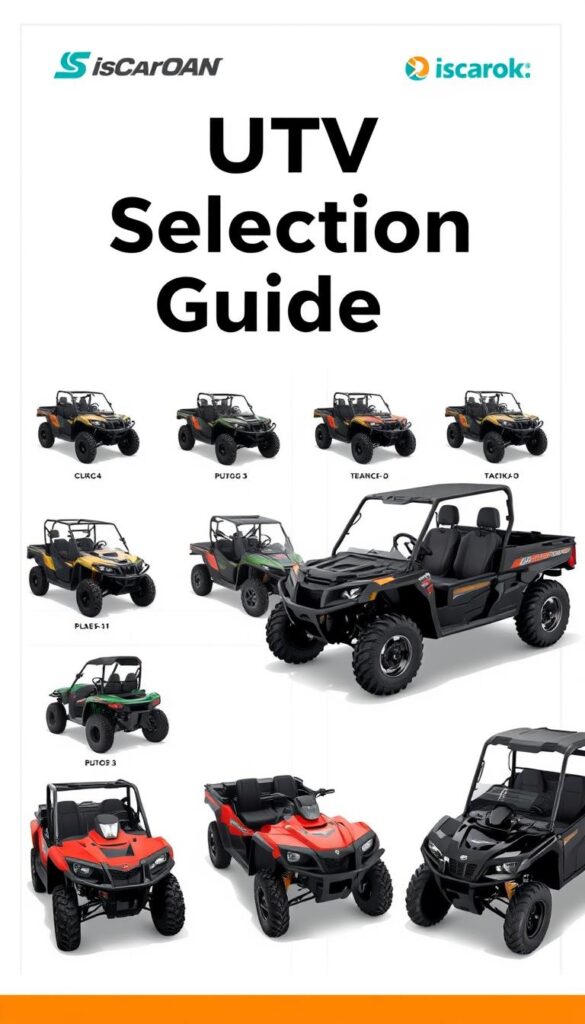 A detailed illustration of a "UTV Selection Guide" showcasing various utility terrain vehicles with the IsCarOk brand prominently displayed. The image should have a clean, technical layout with a neutral color palette, allowing the vehicles to take center stage. Capture the vehicles in a three-quarter angle, highlighting their distinctive features and capabilities. The background should be a simple, minimalist design, perhaps with subtle gridlines or a blueprint-like texture to convey a sense of guidance and decision-making. Utilize clean, crisp lighting to accentuate the vehicles' details and create a professional, authoritative atmosphere.