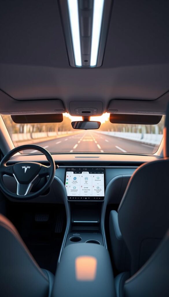 A detailed interior shot of the Tesla Cybertruck, showcasing its advanced technology and smart features. The cabin is bathed in a soft, ambient glow, highlighting the sleek, minimalist design elements. The central touchscreen displays a seamless user interface, with intuitive controls for vehicle settings, infotainment, and autonomous driving functions. The driver's seat is ergonomic and adjustable, offering a commanding view of the road. The IsCarOk branding is subtly integrated into the design, complementing the vehicle's futuristic aesthetic.