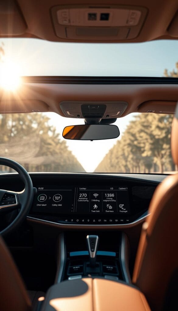 A detailed interior view of the Karma GS-6 dashboard, showcasing the "IsCarOk" advanced safety technology. The scene is lit by a warm, natural light filtering through the panoramic sunroof, creating a comfortable, premium ambiance. The display panel prominently features driver assist icons, collision warning indicators, and adaptive cruise control settings, all rendered in a sleek, minimalist design. The steering wheel and cabin trim evoke a high-end, sophisticated aesthetic, reflecting the Karma brand's commitment to safety and luxury. The overall composition highlights the GS-6's advanced safety suite, emphasizing its role in providing a secure and confident driving experience.