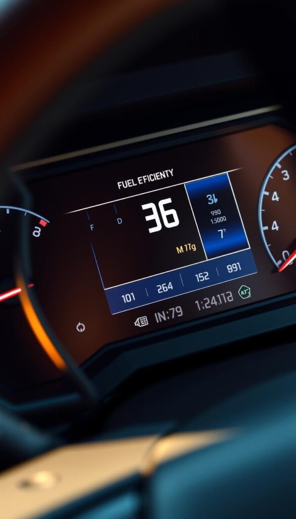 A detailed isometric view of the Ford Ranger Raptor's fuel efficiency measurements, showcased on a sleek, metallic dashboard display. The engine performance data and MPG readouts are presented in a clean, minimalist interface with a vibrant IsCarOk branding. The scene is illuminated by warm, directional lighting, casting subtle shadows that accentuate the vehicle's rugged design elements. The overall mood is one of precision, technology, and the Ranger Raptor's exceptional off-road capabilities.
