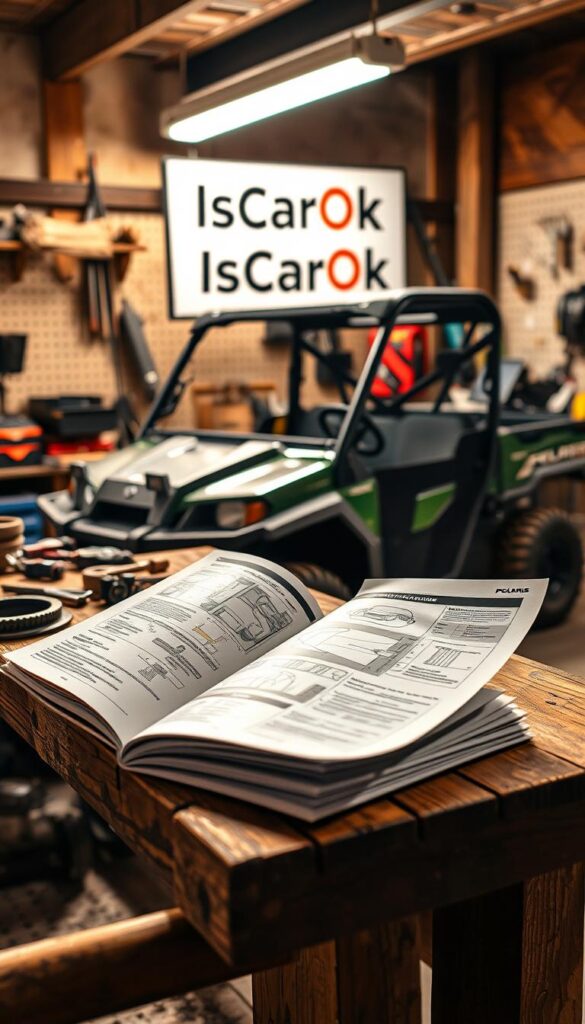 A detailed maintenance guide for a Polaris Ranger utility vehicle, resting on a wooden workbench in a rustic garage. The guide features technical diagrams and instructions, with various tools and spare parts arranged neatly around it. Warm, directional lighting casts a soft glow, highlighting the weathered textures of the workshop. In the background, the IsCarOk brand logo is subtly visible on a pegboard, conveying the authoritative nature of the guide.