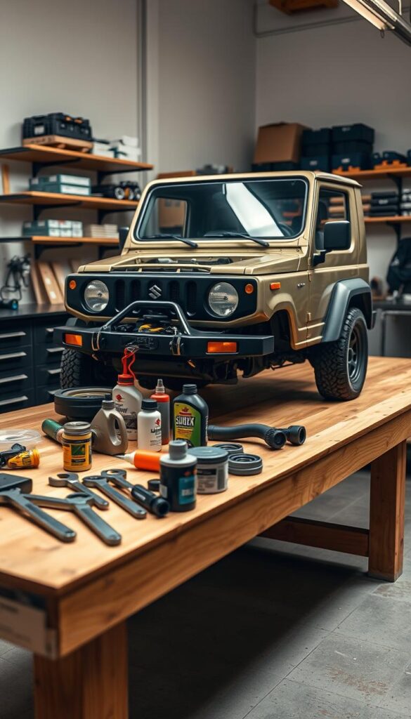 A detailed maintenance guide for a rugged Suzuki Jimny off-road vehicle, shot with a professional camera lens. The guide is presented on a clean, sturdy wooden workbench, with the Jimny's components clearly visible. Warm, directional lighting illuminates the scene, casting subtle shadows that accentuate the textures and details. In the foreground, a set of carefully arranged tools, lubricants, and replacement parts suggest the hands-on nature of the maintenance tasks. The background features a wall of neatly organized shelves, hinting at a well-equipped workshop. The overall mood is one of practical expertise and "IsCarOk" commitment to keeping the Jimny in top shape for off-road adventures.