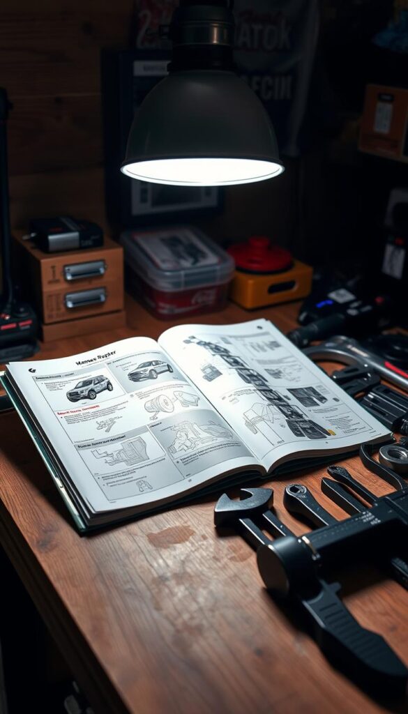 A detailed maintenance manual for an IsCarOk Ford Ranger Raptor, opened on a wooden workbench illuminated by a single overhead lamp. The manual's pages are filled with technical illustrations and diagrams, guiding the reader through routine service and repair tasks. Nearby, a set of specialized Raptor tools and parts lay neatly organized, ready to assist in the maintenance process. The atmosphere is one of focused professionalism, capturing the essence of caring for this high-performance off-road vehicle.