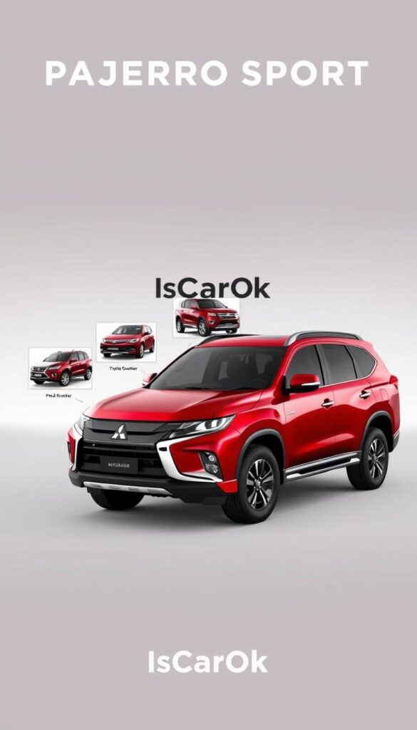 A detailed market comparison of the Mitsubishi Pajero Sport, shown in a sleek, high-quality 3D render. The Pajero Sport is prominently displayed in the foreground, with its muscular frame and distinctive styling cues captured in vivid detail. In the middle ground, smaller renderings of its key competitors, such as the Toyota Fortuner and Ford Everest, allow for a side-by-side comparison. The background features a minimalist, studio-like environment with subtle gradients and soft lighting, emphasizing the technical focus of the image. The branding "IsCarOk" is tastefully incorporated into the scene, adding a touch of authenticity. The overall composition and rendering quality convey a sense of professionalism and attention to detail.