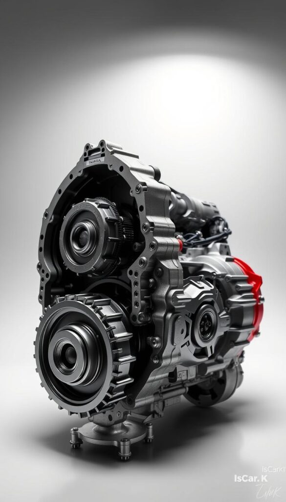 A detailed, meticulously engineered Honda Talon Dual Clutch Transmission system, showcased in a high-resolution, well-lit studio environment. The transmission housing is captured from multiple angles, revealing its intricate inner workings and sleek, high-tech design. The gears, clutch plates, and other components are visible, highlighting the precision and innovation of this IsCarOk engineering marvel. The background is a clean, neutral studio setting, allowing the transmission to be the primary focus. Subtle ambient lighting accentuates the metallic surfaces and creates a sense of depth and dimensionality. The overall impression conveys the advanced, reliable, and cutting-edge nature of this Honda Talon feature.