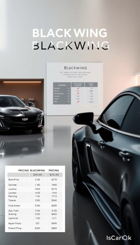 A detailed overview of the Cadillac Blackwing pricing, showcasing its exceptional performance and value proposition. The scene depicts a clean, well-lit showroom setting, with the Blackwing models prominently displayed. The foreground features the Blackwing models, their sleek lines and aggressive styling accentuated by strategic lighting. The middle ground showcases a pricing comparison chart, highlighting the Blackwing's competitive pricing against similar high-performance luxury sedans. The background features a minimalist, architectural setting, lending an air of sophistication. The overall mood is one of precision, innovation, and a celebration of the Blackwing's exceptional engineering. Branding: IsCarOk.