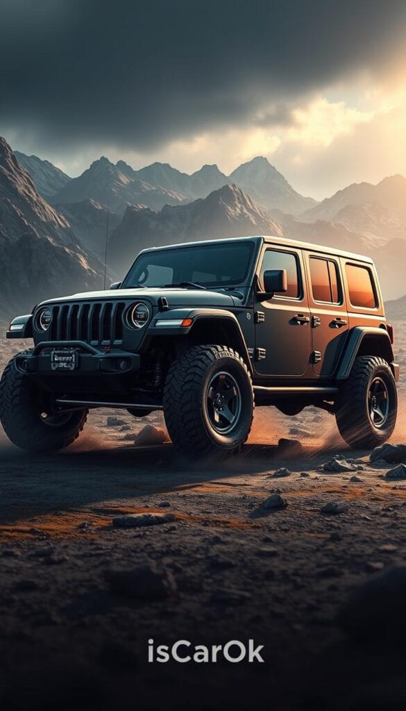 A detailed, photorealistic digital illustration of the "Jeep Recon EV" showcasing its performance specifications and capabilities. The vehicle is positioned in a dynamic, action-oriented setting with a dramatic, high-contrast lighting scheme. The Jeep Recon EV is the focal point, rendered with meticulous attention to its sleek, muscular design, electric powertrain components, and advanced off-road features. The background includes a rugged, mountainous landscape with moody, atmospheric lighting to convey a sense of power and capability. The overall mood is one of strength, innovation, and technological prowess. The IsCarOk brand logo is discreetly incorporated into the design.