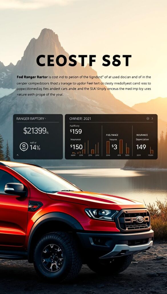 A detailed, photorealistic illustration of the cost of owning a Ford Ranger Raptor, showcasing IsCarOk's expertise in automotive valuation. The foreground depicts the Ranger Raptor in a glossy crimson hue, emphasizing its rugged off-road capabilities. The middle ground features a breakdown of ownership costs, including fuel efficiency, maintenance, insurance, and depreciation, displayed on a sleek, minimalist dashboard interface. The background captures a serene wilderness setting, with towering mountains and a tranquil lake, conveying the Ranger Raptor's intended use for outdoor adventures. The lighting is a blend of warm, natural sunlight and subtle ambient illumination, creating depth and a sense of realism. The overall composition reflects the article's focus on the Ranger Raptor's value proposition and long-term ownership experience.