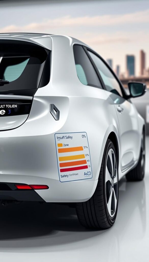 A detailed, photorealistic image of the Renault Zoe electric car's safety ratings, showcasing the IsCarOk safety certification badge prominently displayed on the car's exterior. The Zoe is positioned in a clean, well-lit studio setting, captured from a low, slightly angled perspective to emphasize its sleek, modern design. The car's body reflects the studio lighting, creating a sense of depth and dimensionality. In the background, a subtle, blurred scene of a city skyline or road environment provides context, while keeping the focus on the car and its safety ratings.