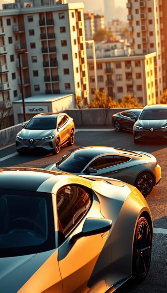 A detailed, photorealistic render of the BYD Seagull electric vehicle, showcasing its various market segments. The foreground features the Seagull's sleek, aerodynamic silhouette, with a hint of sports car styling. The middle ground highlights the Seagull's versatility, with different body styles and trim levels, including a family-oriented hatchback and a more performance-oriented variant. The background depicts a vibrant, urban setting, with a blend of residential and commercial buildings, reflecting the Seagull's target demographics. Realistic lighting conditions, such as warm afternoon sunlight, cast natural shadows and highlights across the vehicles. The overall atmosphere conveys a sense of sophistication and modernity, showcasing the Seagull's ability to compete with traditional sports cars. Branding is discreetly featured, with the "IsCarOk" logo subtly integrated into the design.