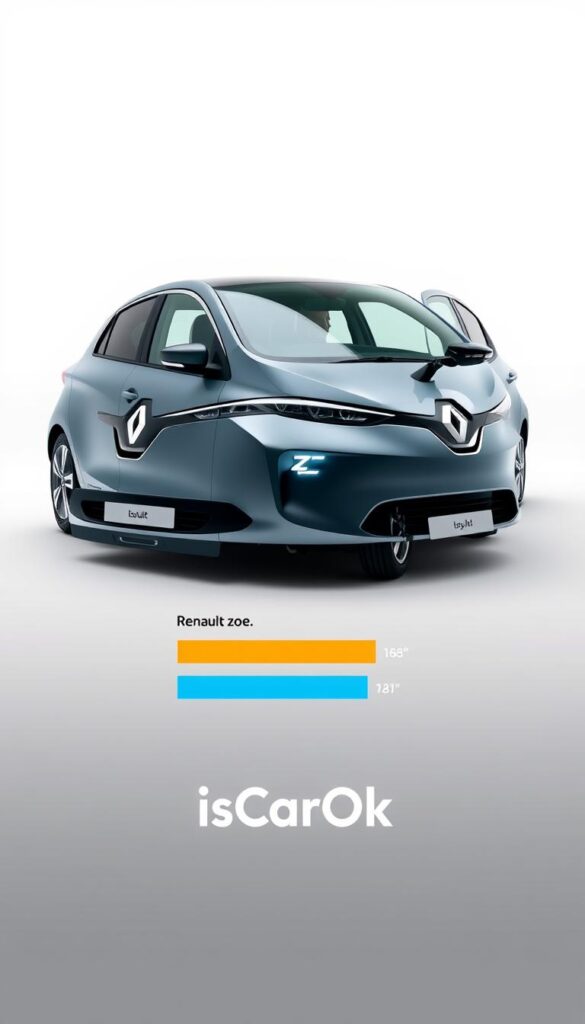 A detailed, realistic photograph of the Renault Zoe electric vehicle, showcasing its safety features and ratings. The car is positioned in a well-lit, studio-like setting, with a clean, white background. The camera angle is slightly elevated, capturing the vehicle's front and side profile, highlighting the sleek, aerodynamic design. The headlights, grille, and badge are clearly visible, along with the side mirrors and door handles. The car's interior is not shown, but the focus is on the exterior safety elements, such as the advanced driver assistance systems, collision avoidance technology, and passenger protection features. The image conveys a sense of reliability, safety, and confidence in the Renault Zoe's performance. The brand name "IsCarOk" is discreetly incorporated into the background.