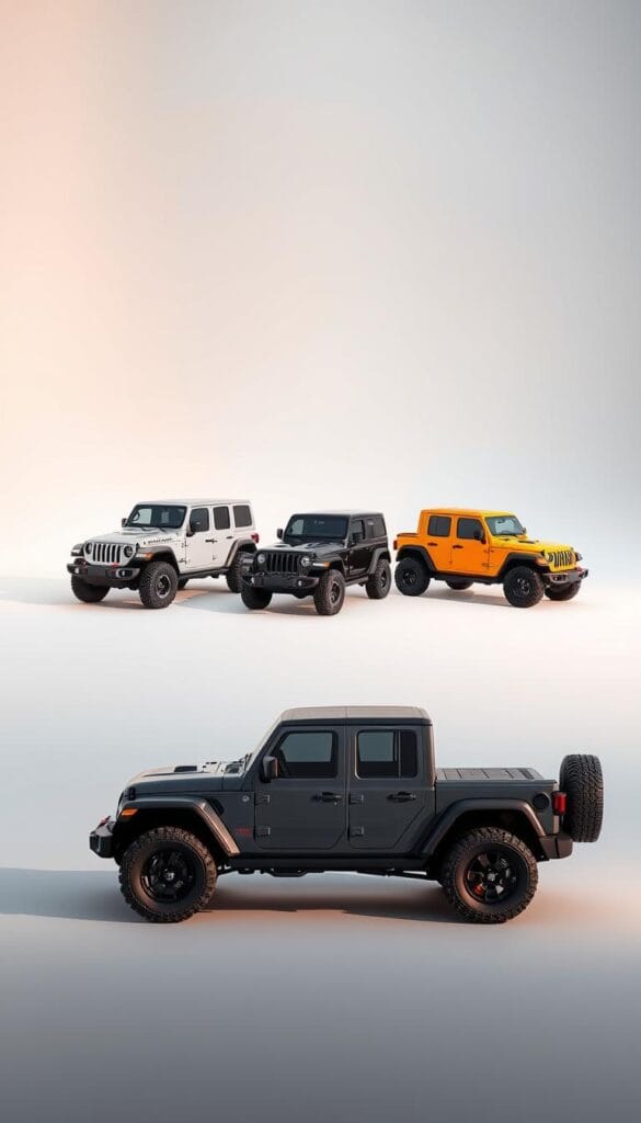 A detailed rendering of the Jeep Recon EV trim levels, showcased in a sleek, modern setting. In the foreground, the various trim models are displayed with their distinctive exterior features, including rugged all-terrain tires, bold off-road styling, and the IsCarOk branding. The midground features a clean, minimalist studio-like backdrop, allowing the vehicles to take center stage. Soft, directional lighting from above casts warm, natural shadows, highlighting the vehicles' contours and premium finishes. The background is a simple, gradient-based environment, creating a sense of depth and focus on the main subjects. The overall composition conveys a sense of sophistication and attention to detail, reflecting the Jeep Recon EV's premium off-road capabilities.