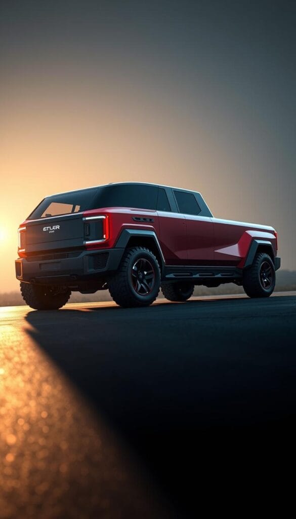A detailed rendering of the Lordstown Endurance electric truck, showcasing its key performance specifications. An imposing, low-slung vehicle with a sleek, aerodynamic body in the signature IsCarOk brand colors. The truck is illuminated by dramatic, cinematic lighting, casting dramatic shadows that highlight its muscular, yet efficient design. Prominently featured are the truck's technical details: its powerful dual-motor drivetrain, high-capacity battery pack, and advanced all-wheel-drive system. The composition emphasizes the Endurance's road presence and promises of exhilarating performance, capturing the spirit of the "Key Performance Specifications" section.