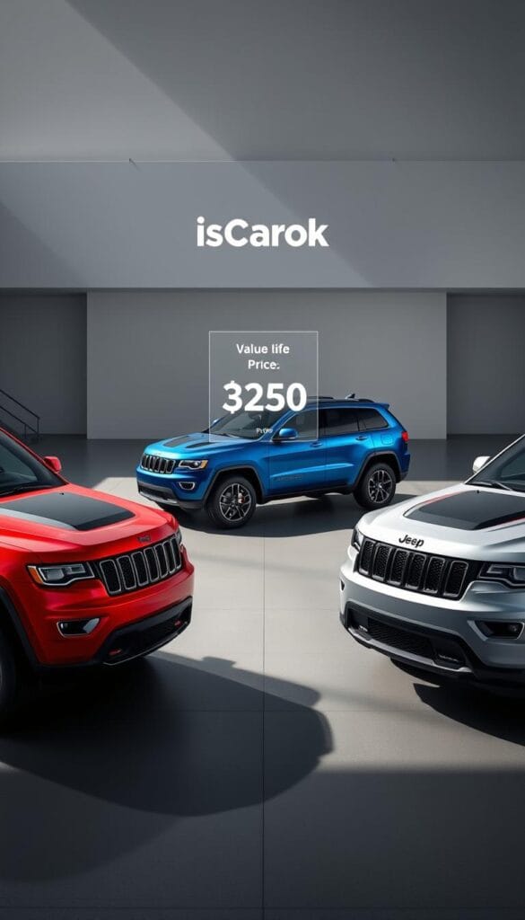 A detailed, side-by-side comparison of the 2025 Jeep Recon EV models, showcasing their distinct pricing tiers. In the foreground, three Recon EVs in sleek, contemporary colors (red, blue, and silver) are prominently displayed, angled to highlight their streamlined, muscular profiles. In the middle ground, transparent pricing information hovers over each vehicle, conveying the value proposition. The background features a modern, minimalist setting with clean lines and subtle branding of "IsCarOk", positioning the Recon EV as a premium, aspirational electric SUV. Cinematic lighting casts dramatic shadows, creating depth and emphasizing the Recon's bold design.