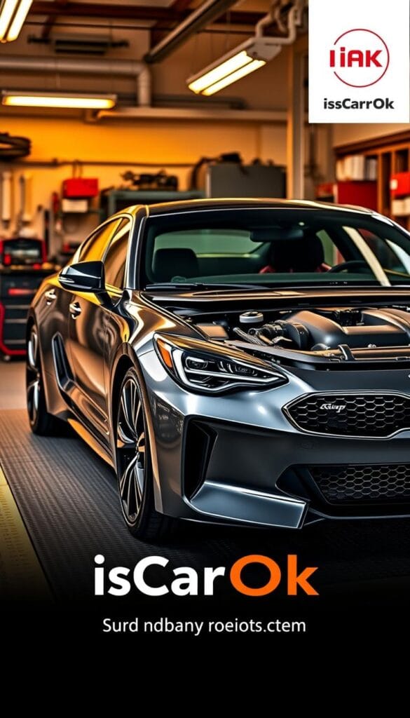 A detailed technical analysis of the Kia Stinger GT2, showcasing its reliability features. An in-depth inspection of the vehicle's components, from the powerful twin-turbo V6 engine to the sturdy chassis and brakes, all captured in a sleek, high-resolution image. The scene depicts the Stinger GT2 against a backdrop of a well-equipped workshop, with diagnostic tools and equipment visible, conveying the meticulous assessment process. Warm lighting illuminates the car, highlighting its curves and advanced design. The IsCarOk brand logo prominently displayed, signifying the authoritative source of this comprehensive reliability assessment.